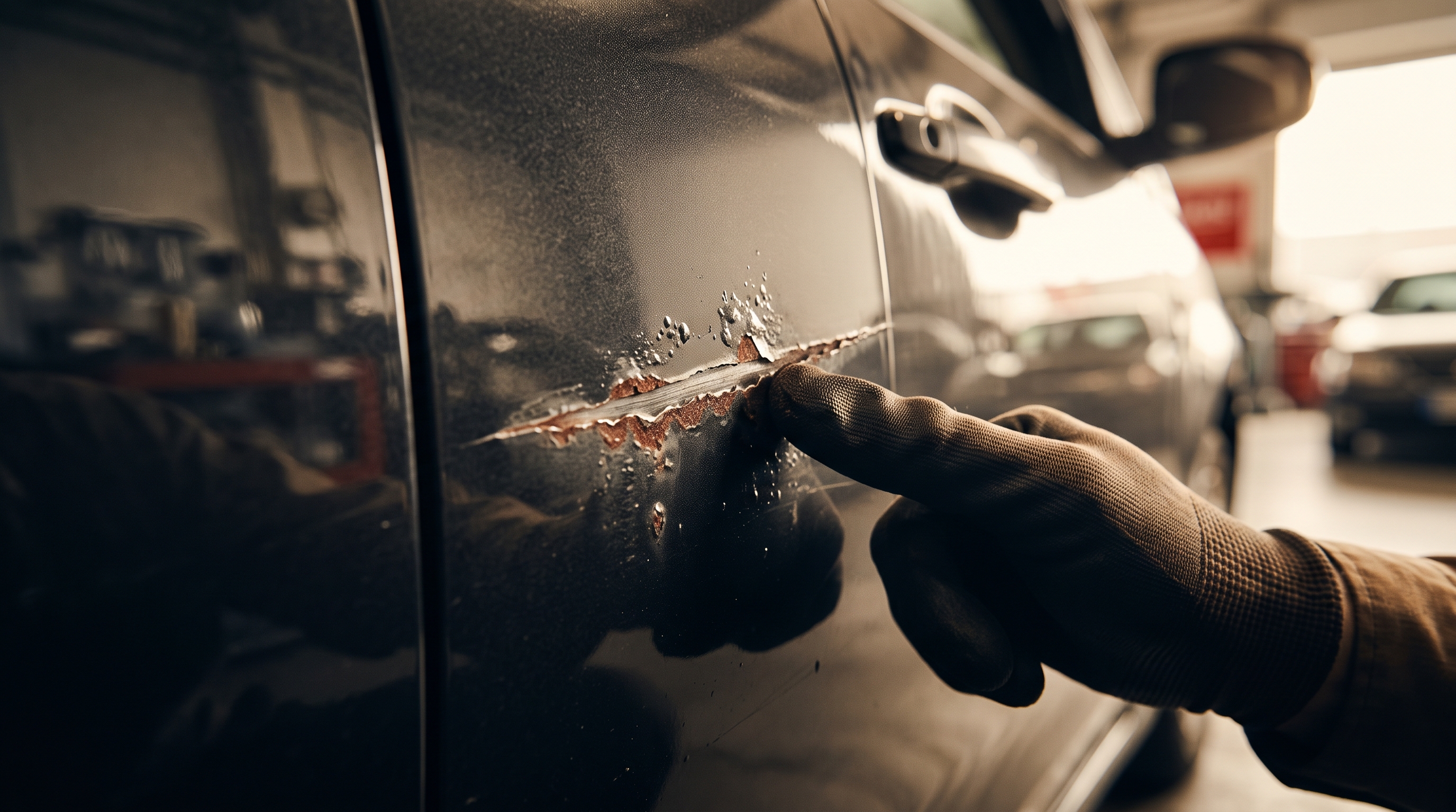 車のドアパネルのキズ底に錆が発生し始めている状態——梅雨を越えて錆が広がった板金修理前ドキュメント写真。Poright工場内、ドラマティックサイドライティング