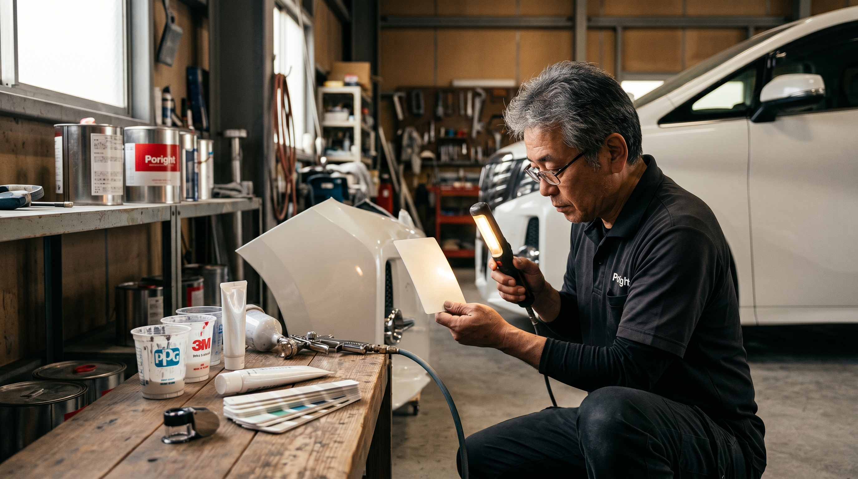 3コートパール（ホワイトパールクリスタルシャイン 202）の調色工程 — アルファードの旧塗装面と色見本を照合するPoright職人