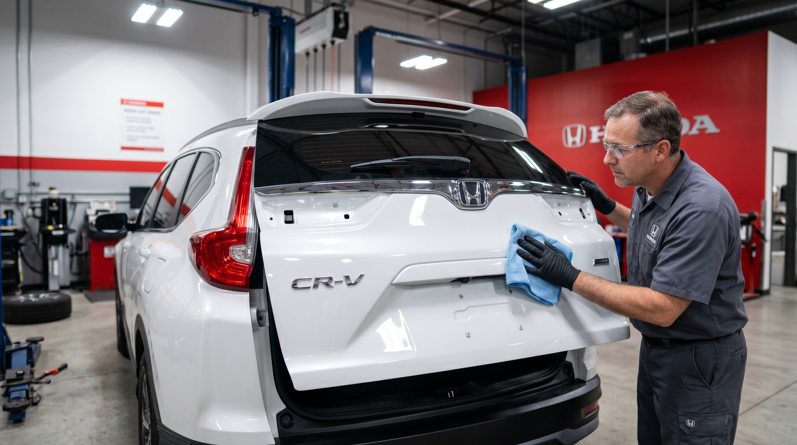 CR-V（RW2）バックドア板金修理完了後の仕上がり — プラチナホワイトパール（NH883P）3コートの色合わせが完成し、バックカメラ・センサー類も動作確認済み