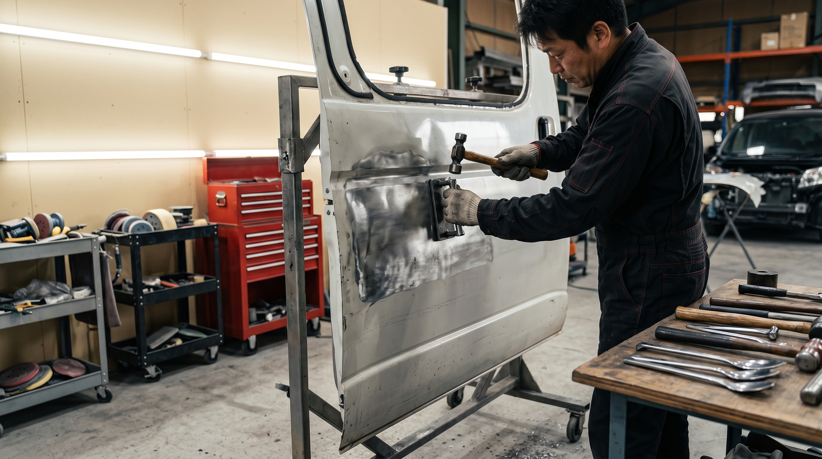 ハイエース（TRH200V）スライドドアにスーパーホワイトⅡを吹き付けるPoright代表 — 塗装ブースでの調色・塗装工程