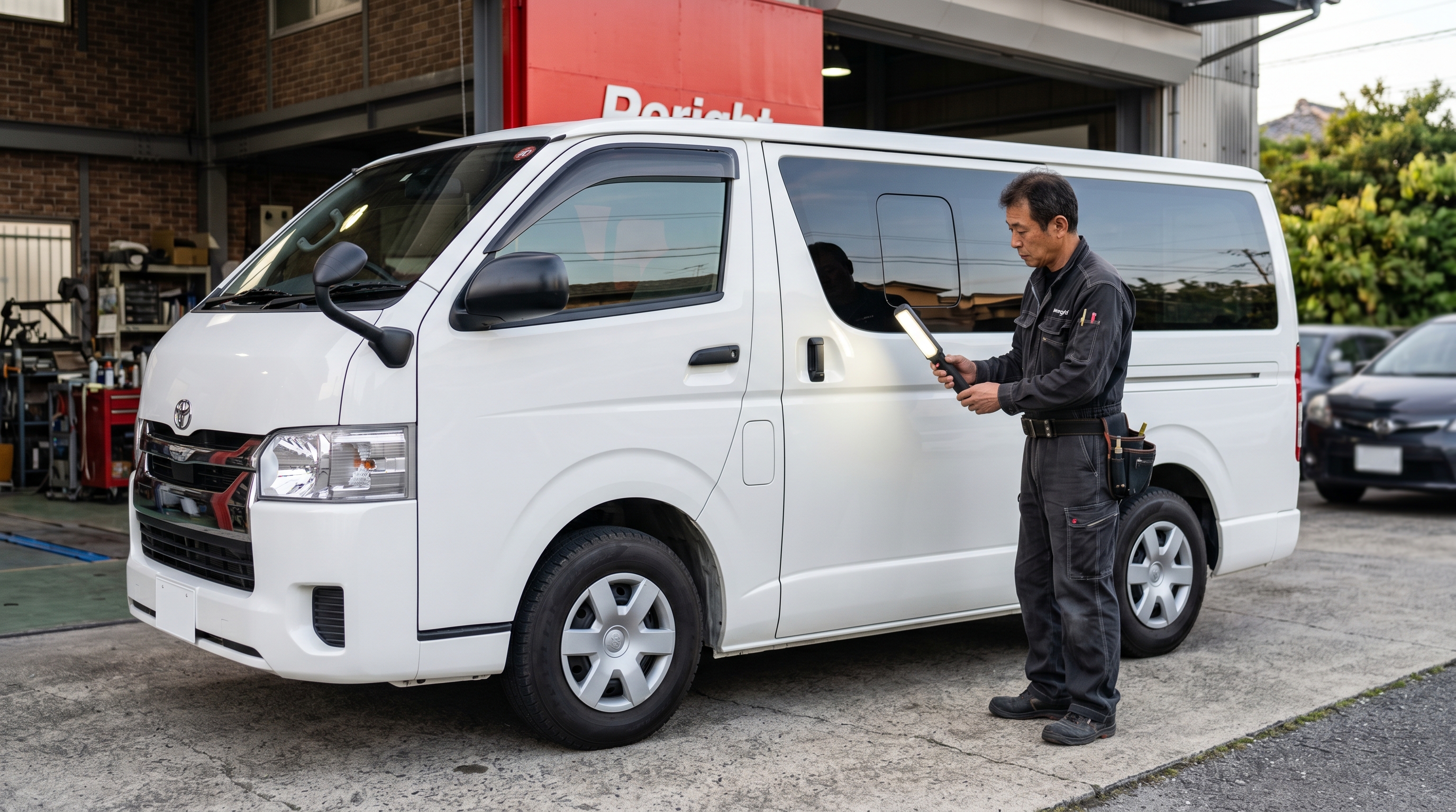 修理完了したハイエース（TRH200V）スライドドアを屋外で最終確認するPoright代表 緒方 — 一宮市の板金塗装専門店