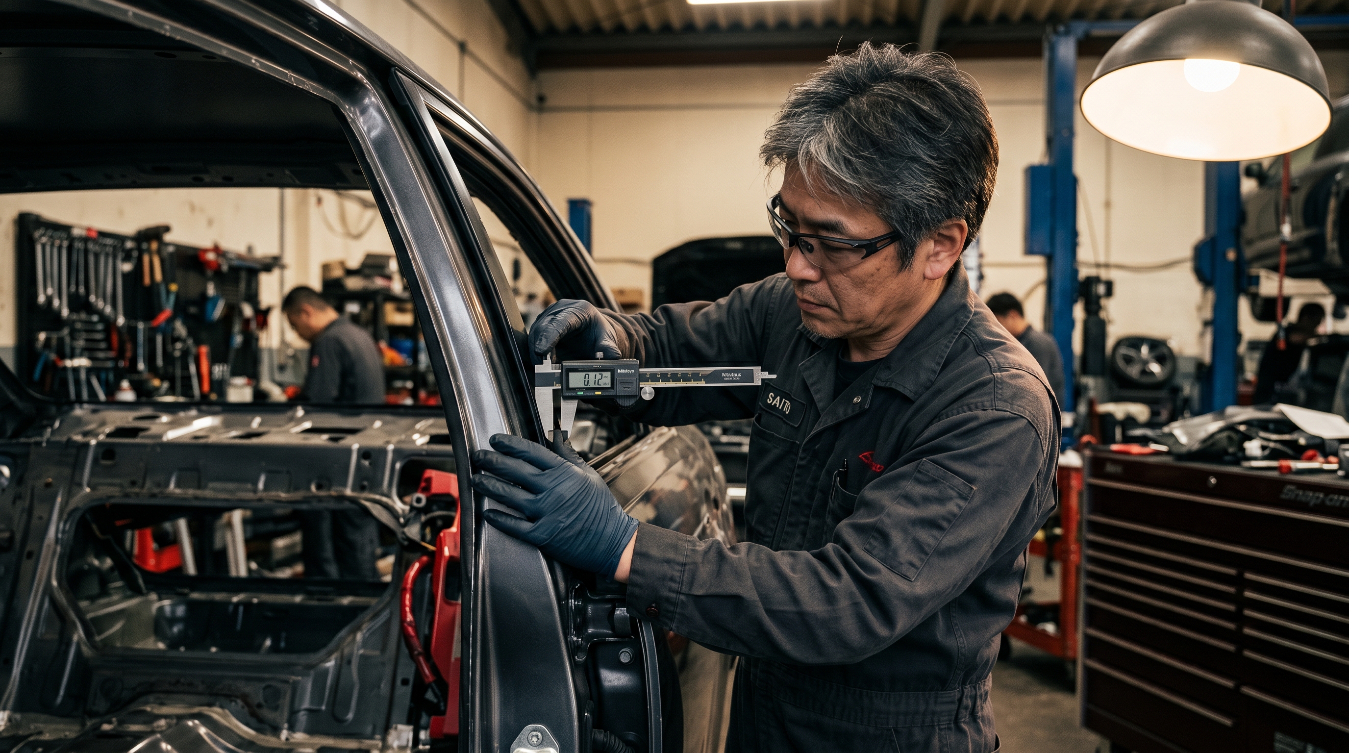 自動車骨格部位（フレーム）の確認作業 — Poright職人がボディゲージでサイドメンバーの歪みを計測