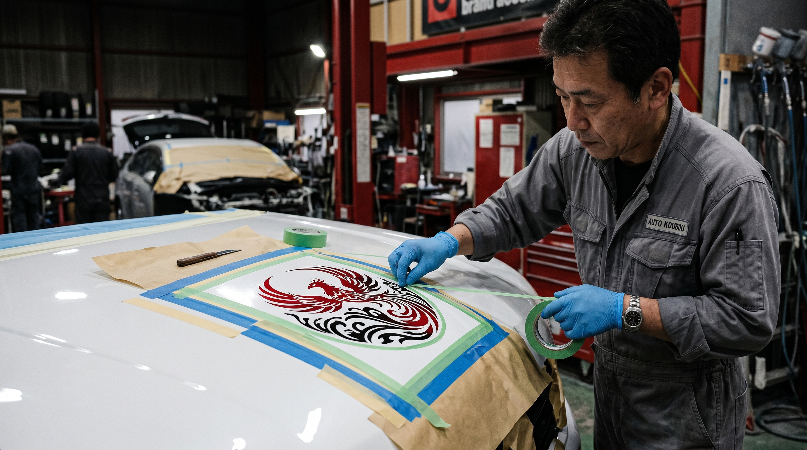 キッチンカーのロゴ塗装完了後の仕上がり — ホワイトボディにグリーンロゴが鮮やかに仕上がった状態をPoright代表 緒方が最終確認する一宮の工房
