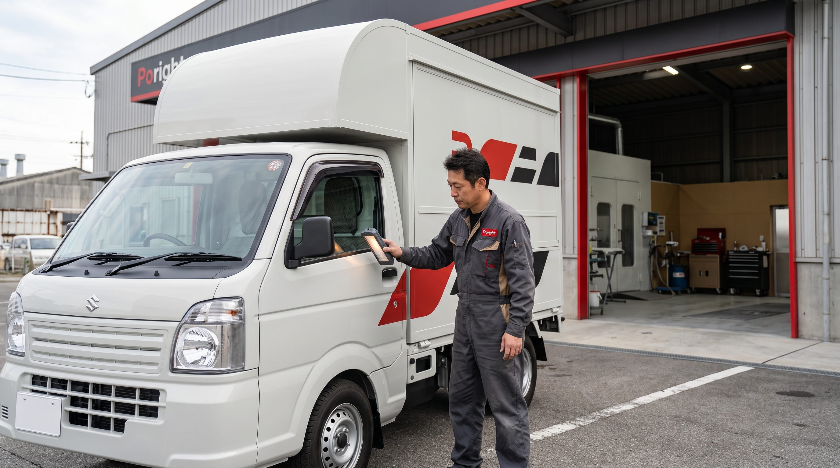 ライトグレーに全塗装・新ロゴ施工が完成したキッチンカーを屋外で最終確認するPoright代表 緒方 — 愛知県一宮市の法人板金塗装