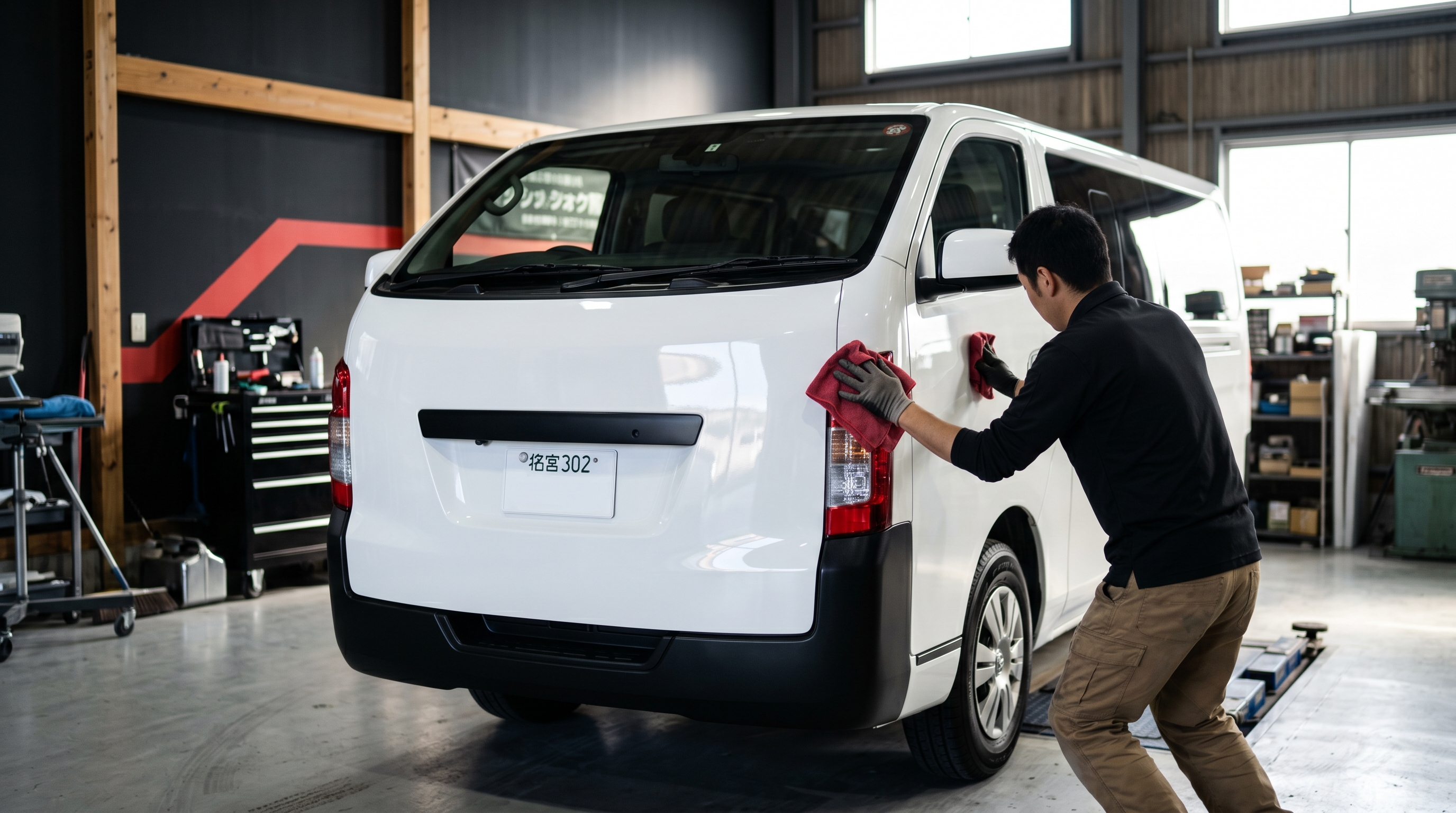 板金修理が完了した社用車の仕上がり確認 — Poright工場での納車前チェック