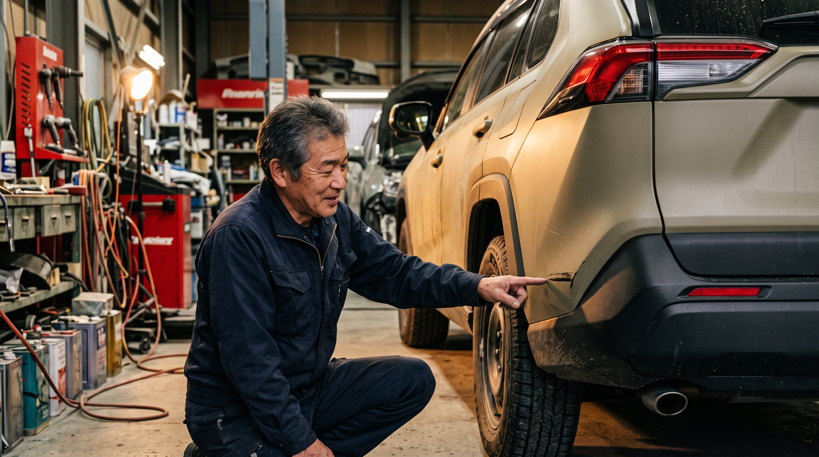 マットカーキの日産キックスのリアバンパーコーナー擦り傷を確認するPoright代表 — 一宮の板金塗装専門店