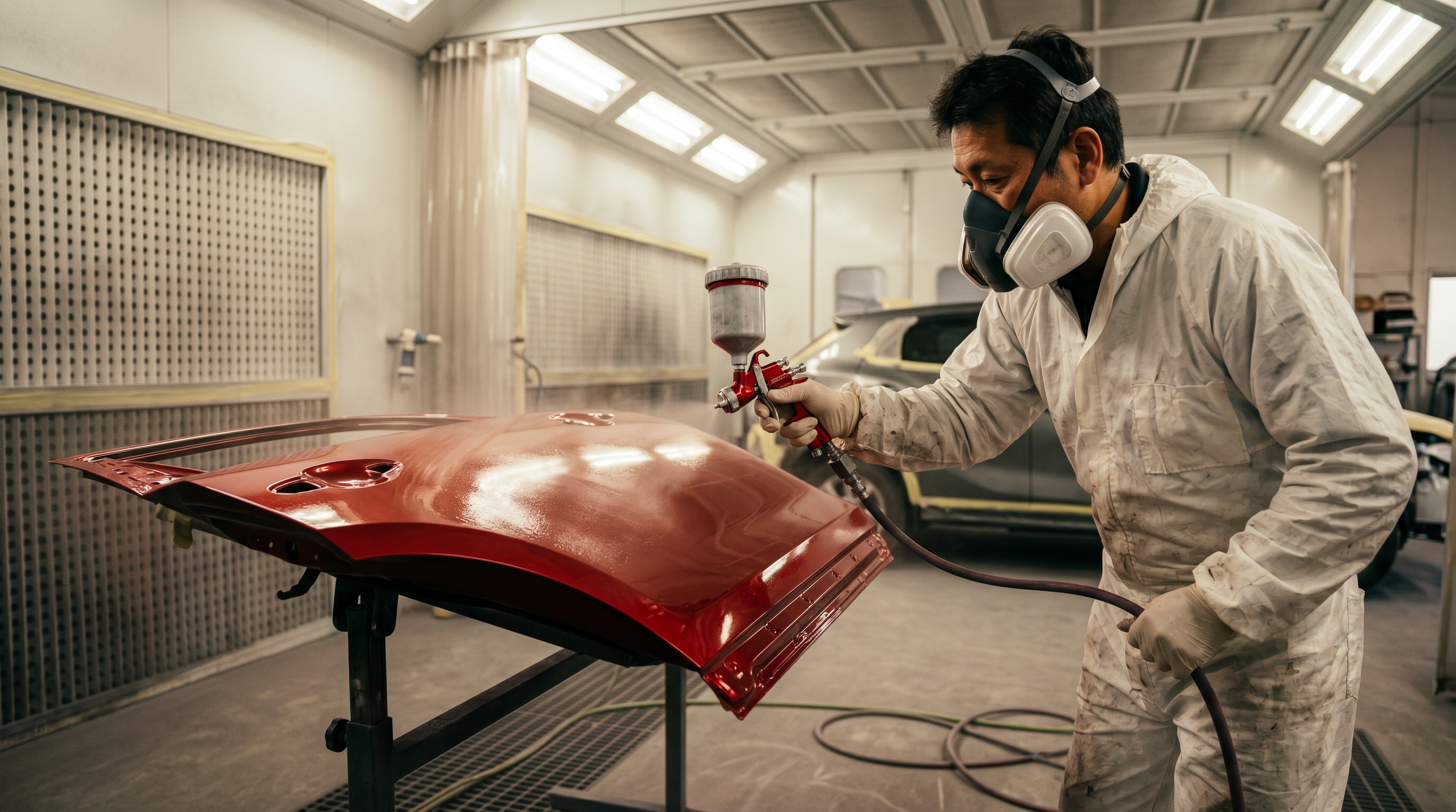 CX-5（KF2P）右リアドアのソウルレッド調色塗装・クリア仕上げの施工中の様子