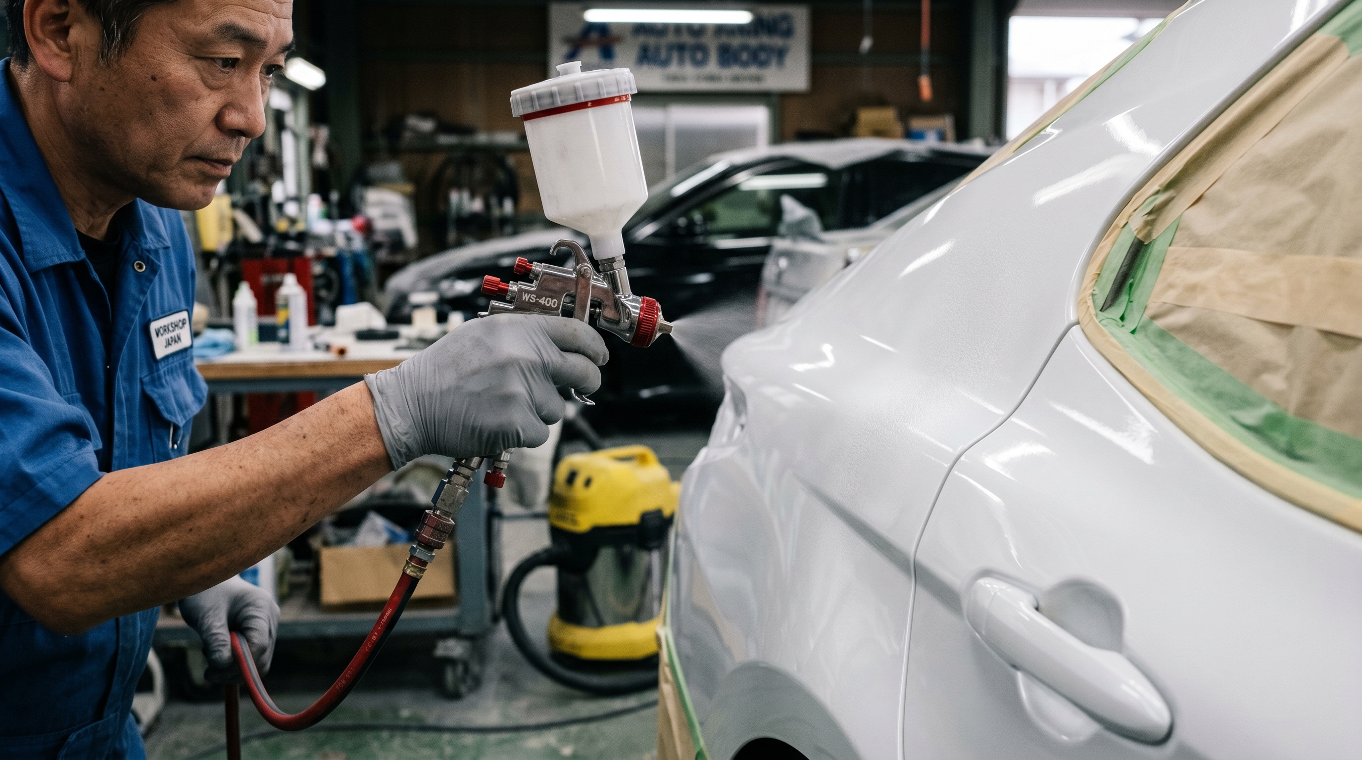 車のドアパネルとクォーターパネルの境界にぼかし剤を薄く吹き付けるPoright職人の手元アップ