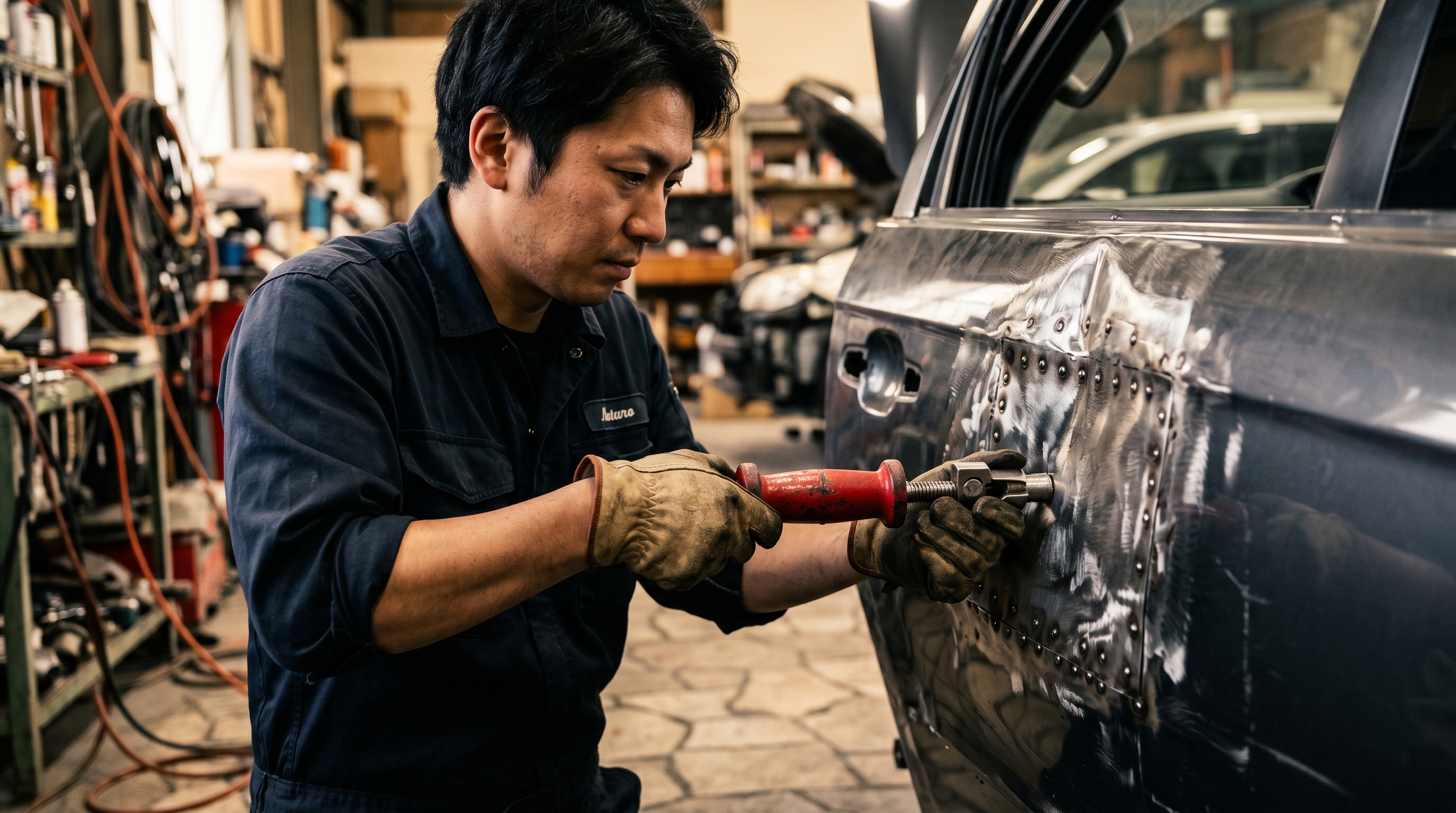 Poright代表 緒方がスタッド溶接機で車のドアパネルを引き出す板金工程の場面 — 一宮の板金塗装専門店の現場