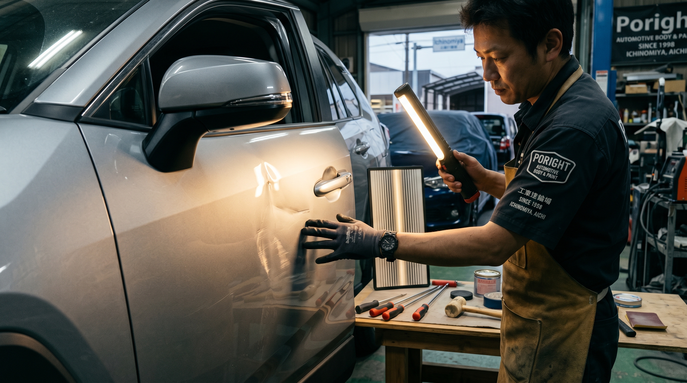 RAV4（AXAH54）左フロントドアのプレスライン上ドアパンチ凹みを手板金で整形するPoright代表 緒方 — 愛知県一宮市の板金塗装専門店Poright