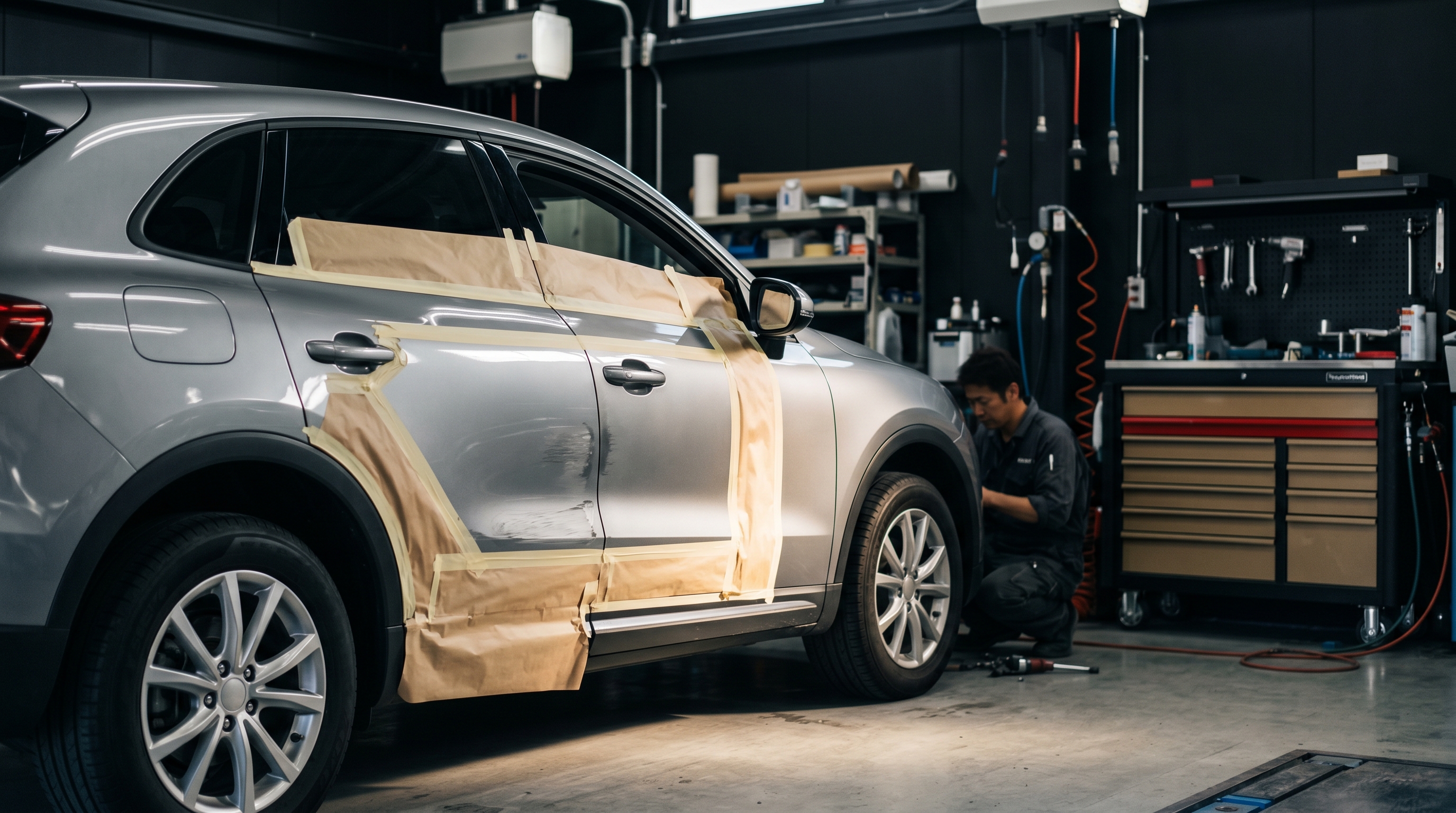 RAV4（AXAH54）左ドア2枚のドアパンチ傷を板金修理¥89,000・4日で対応 — ディーラー差額¥58,000の理由｜一宮Poright施工事例