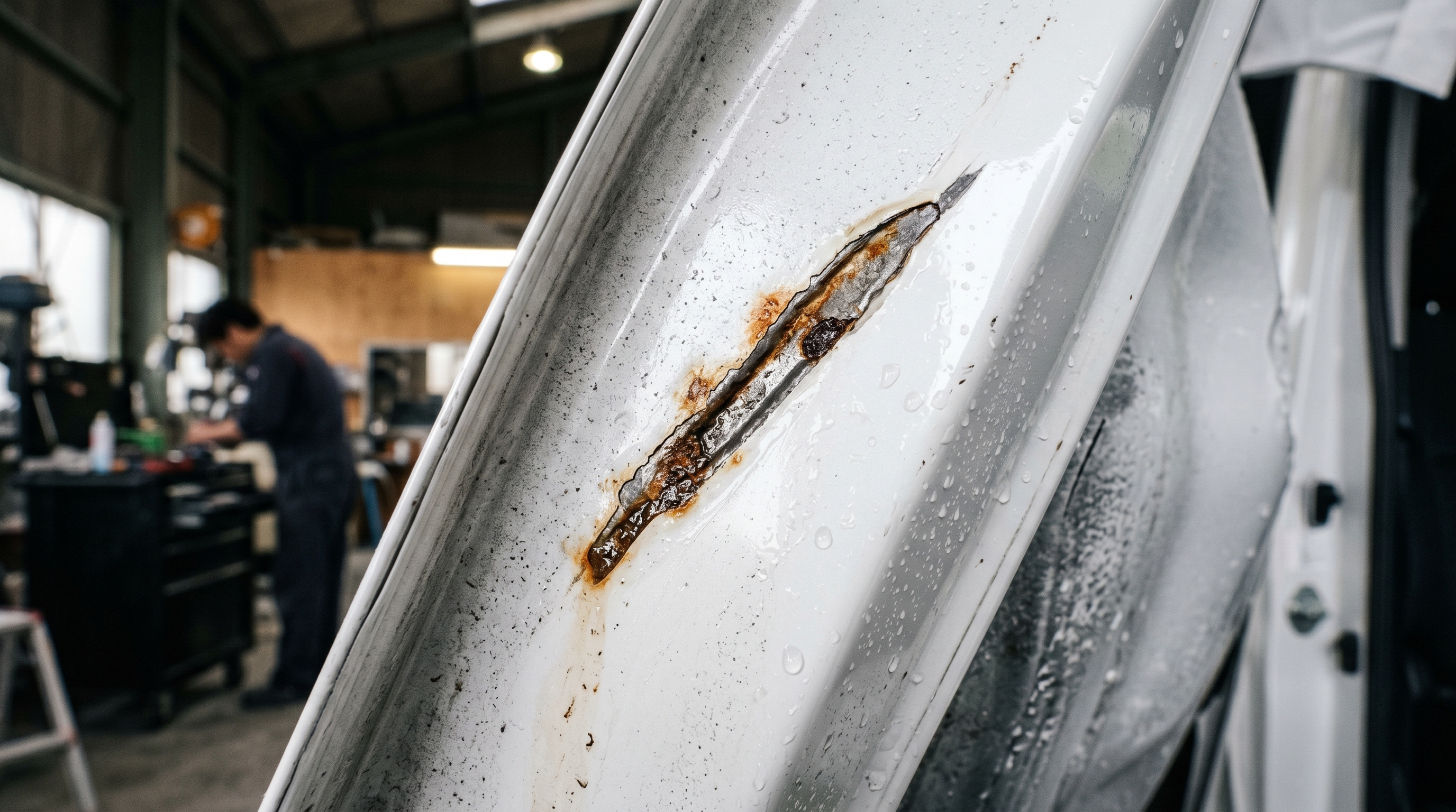 車のドアパネルの塗装傷から錆が発生した状態 — 一宮Poright代表 緒方が指摘するキズ放置の錆リスク実例