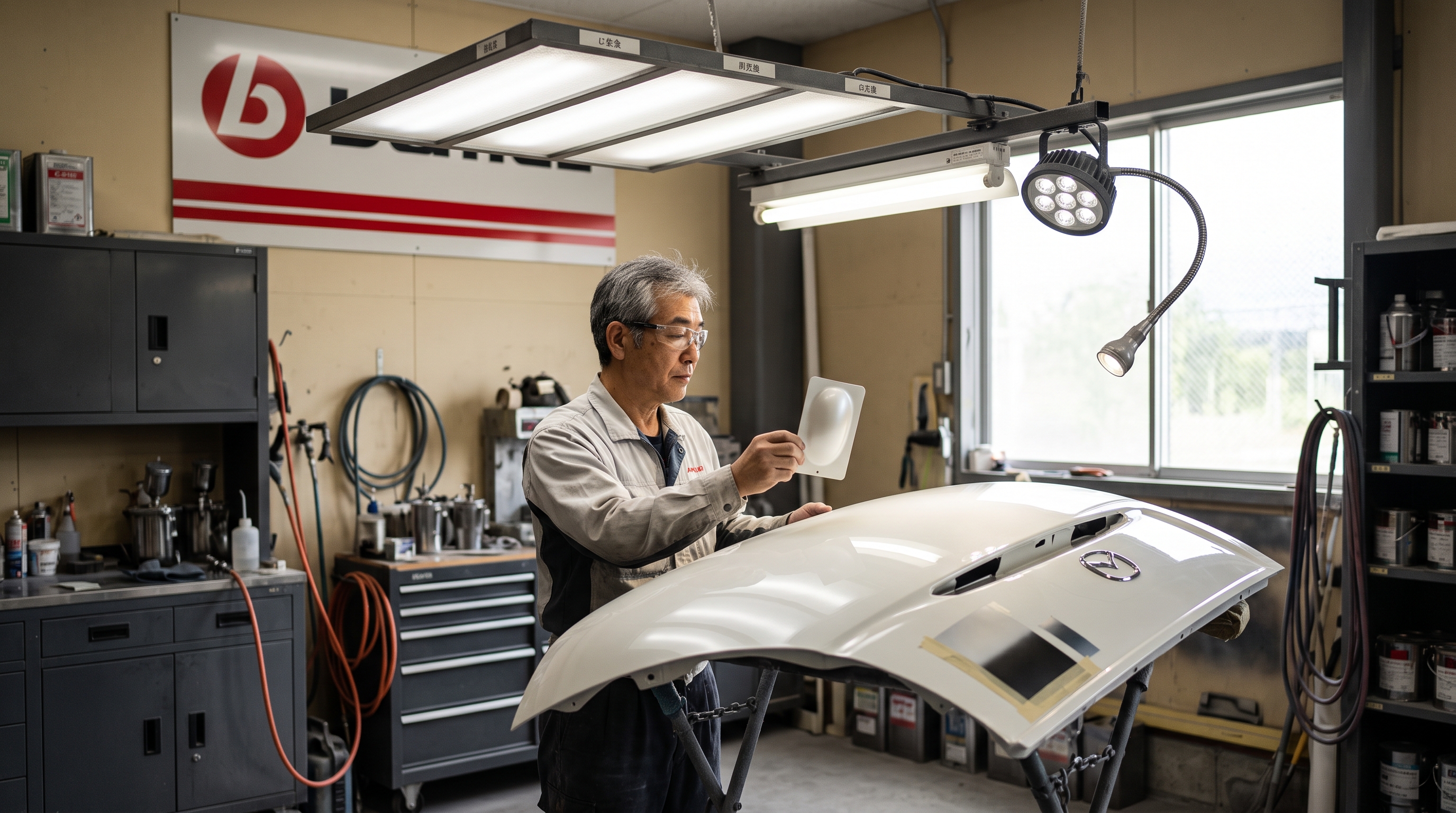 ピュアホワイトパール（ZVR）の3光源調色作業、蛍光灯・LED・自然光の3方向からソリオのボディとスプレーサンプルの色差を確認するPoright代表 緒方 — 一宮市の板金塗装専門店