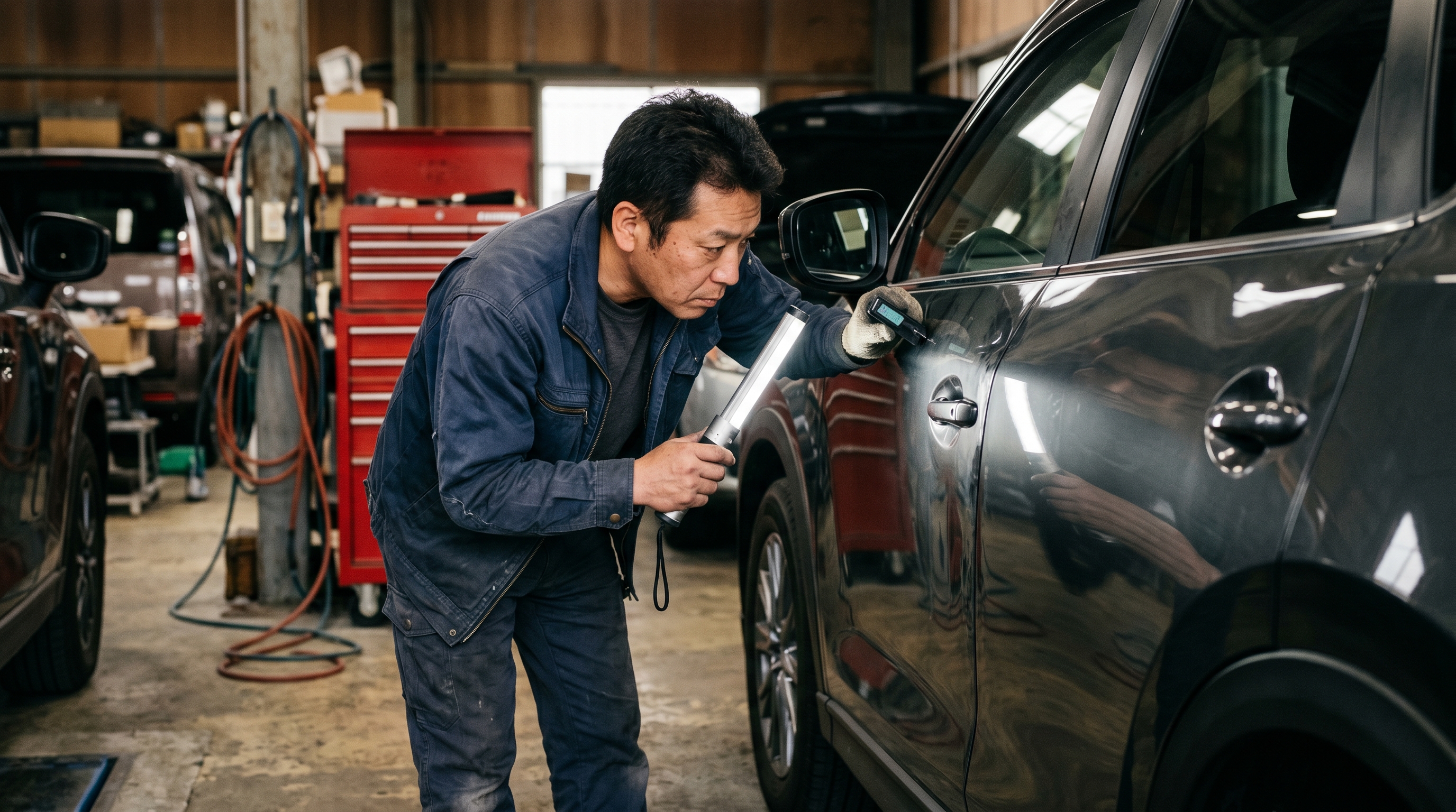 稲沢市CX-5（KF2P）フロントドア凹みの現車診断場面 — Poright代表 緒方が板金修理可否を直接確認する現場、外注なし自社施工の強みが判断の早さに直結
