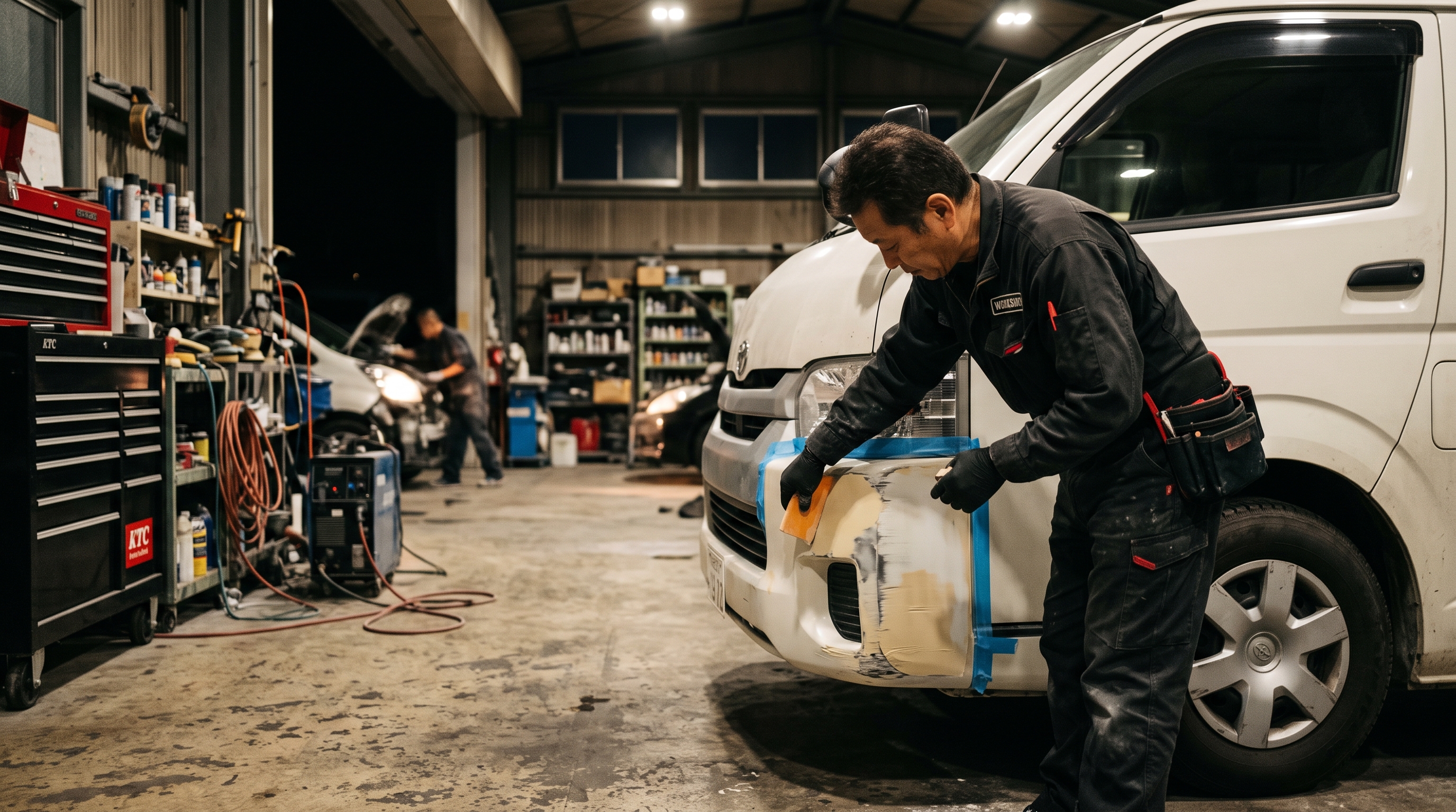 Poright代表 緒方が夜間入庫した法人フリート車両（介護送迎ノア）のバンパー修理を行うシーン — 夜間照明の工場内で職人が下地処理を進める