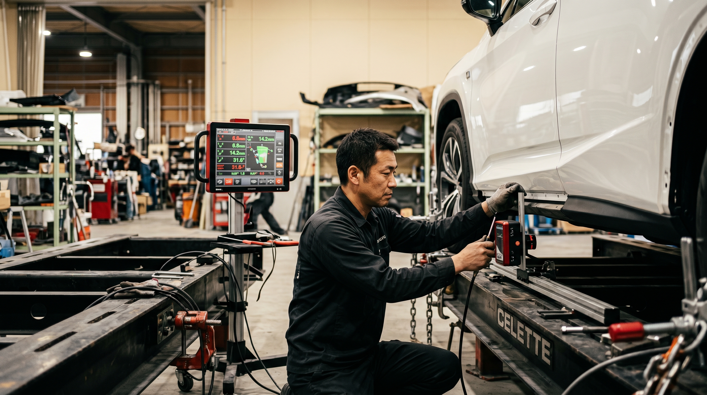 フレーム修正機でボルボXC60のサイドシル歪みを計測しているPoright代表 緒方の作業場面 — デジタル計測器の表示が正確な骨格状態を示している