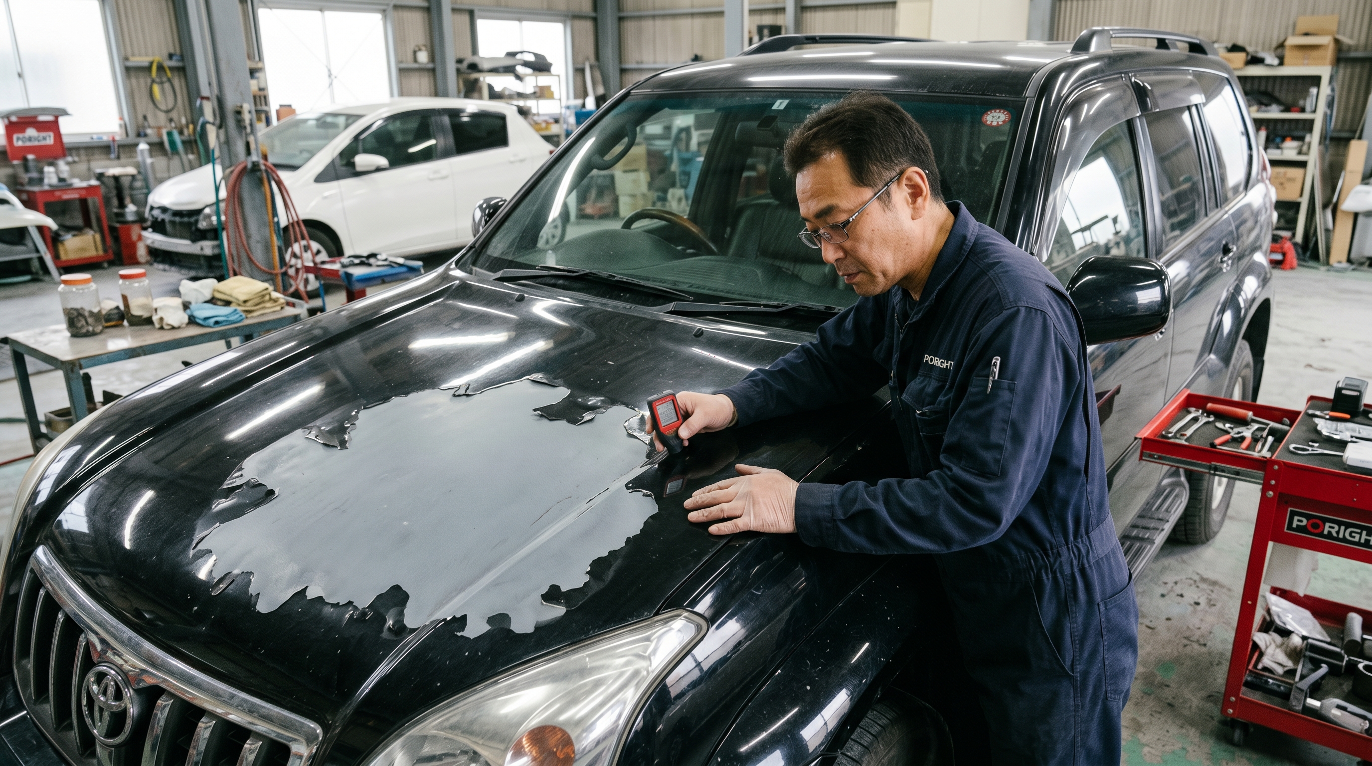 ラッピングフィルム剥がし後にサーフェイサーが露出した車のボンネット — 愛知県稲沢市 ランクル修復前の状態、Poright